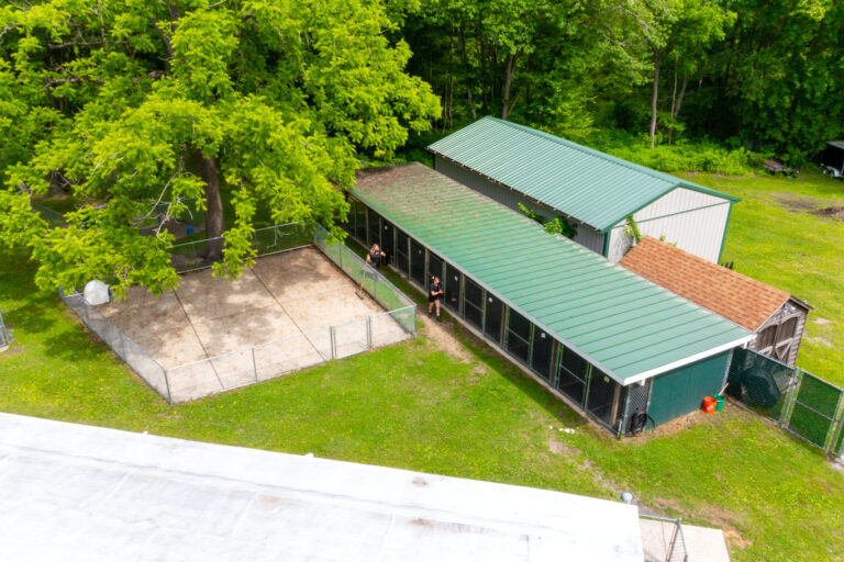 an aerial view of a barn with a green roof