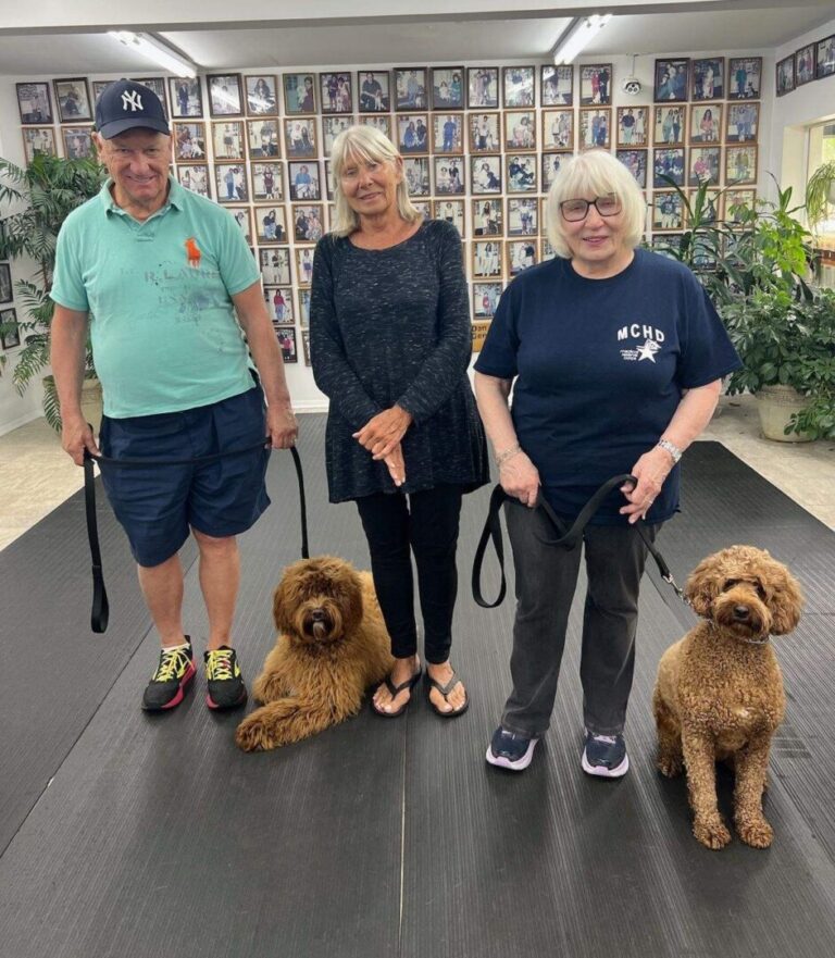 a group of three people standing next to two dogs