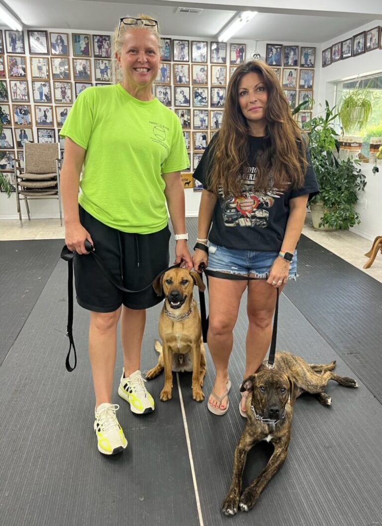 a couple of women standing next to two dogs