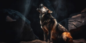 a wolf sitting on a rock looking up at the sky