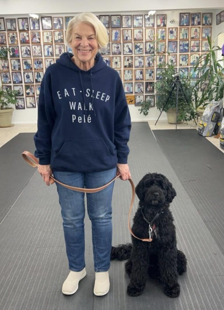 a woman in a blue sweatshirt holding a black dog on a leash