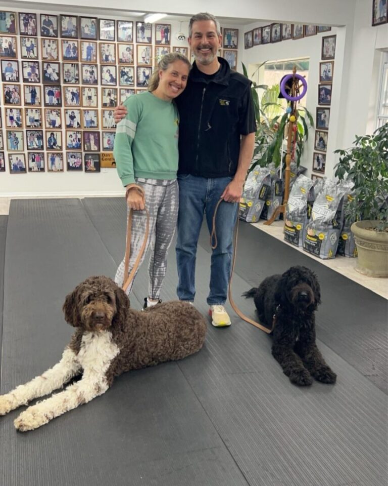 a man and woman standing next to two dogs