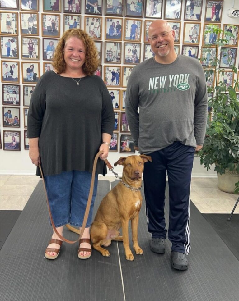 a man and a woman holding a dog on a leash