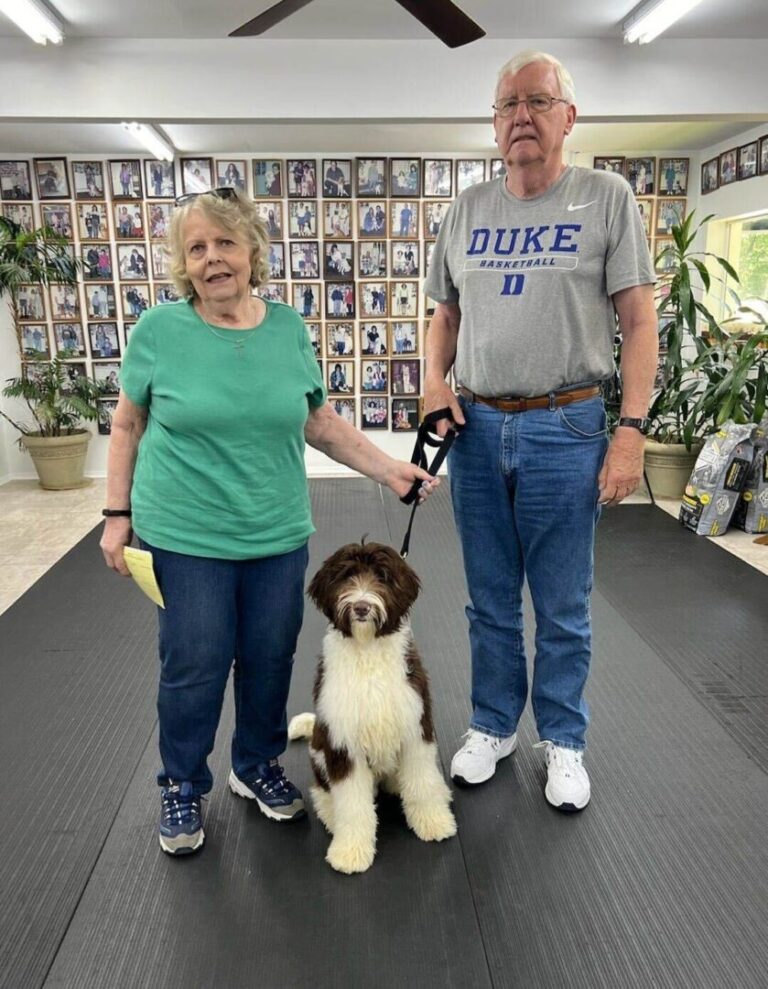 a man and a woman holding a dog on a leash