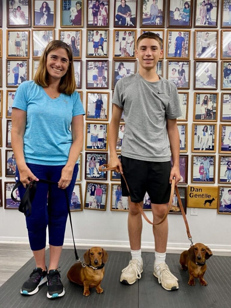 a man and a woman standing next to two dogs