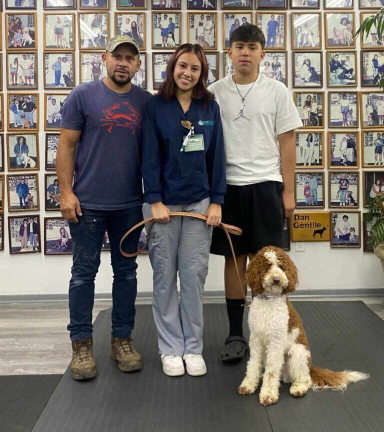 a group of people standing next to a dog