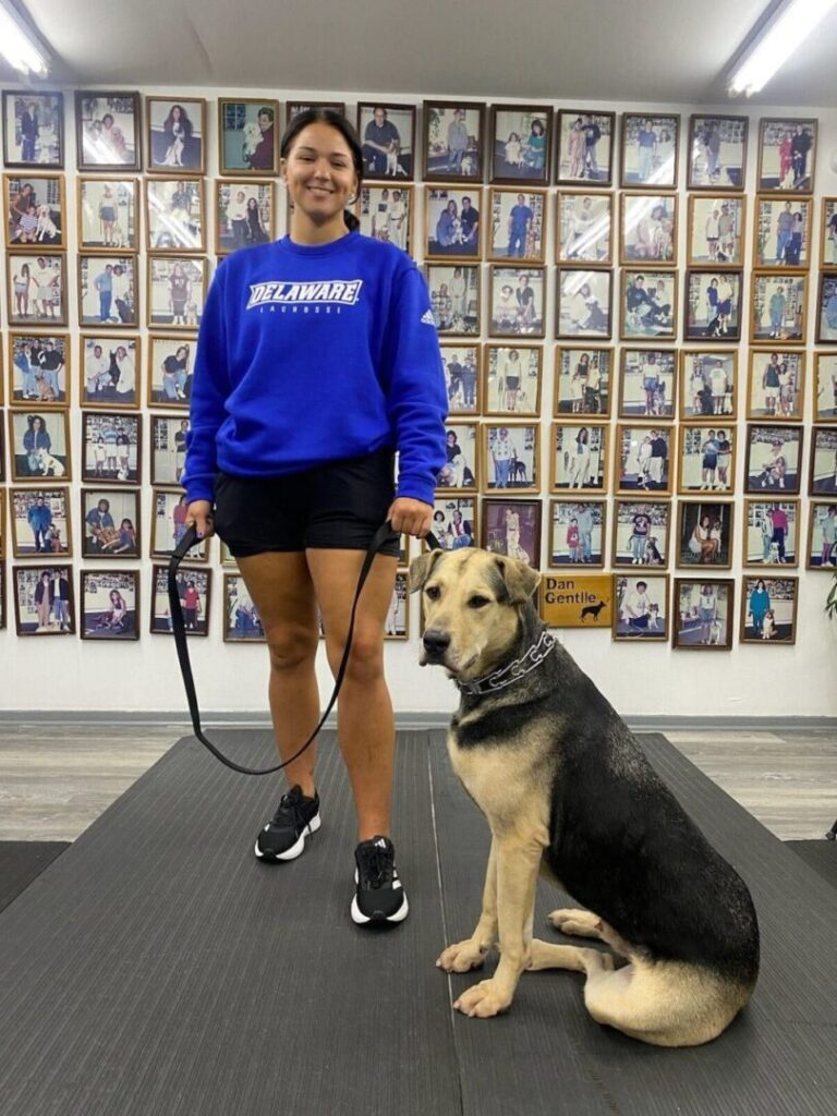 a woman in a blue sweater and black shorts stands with a dog on a leash