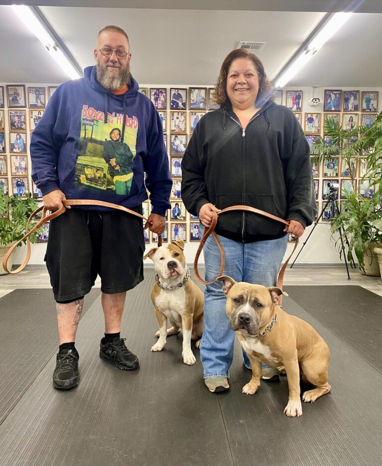 a man and woman holding a leash with dogs