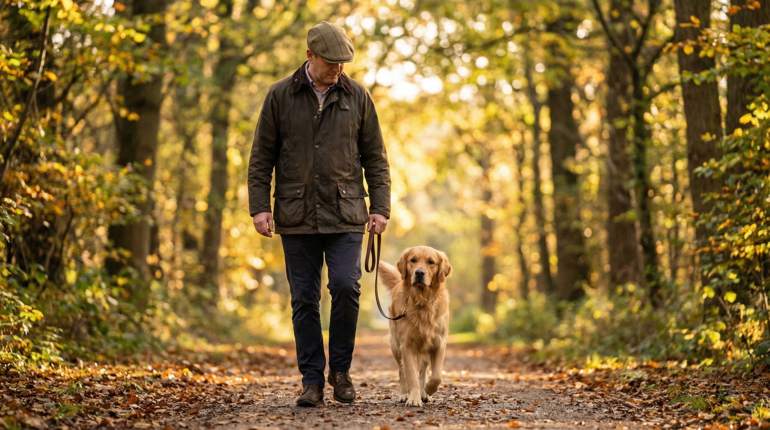 Dog walking at perfect heel on loose leash after completing two-week boot camp program
