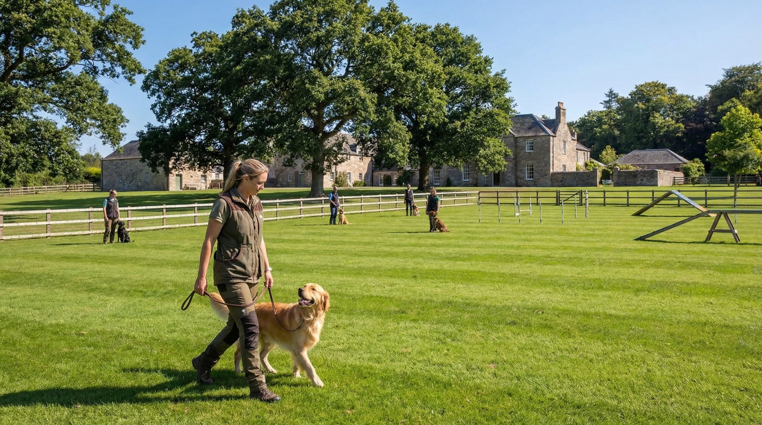 Dog training session on large outdoor campus at Howell Township dog training facility