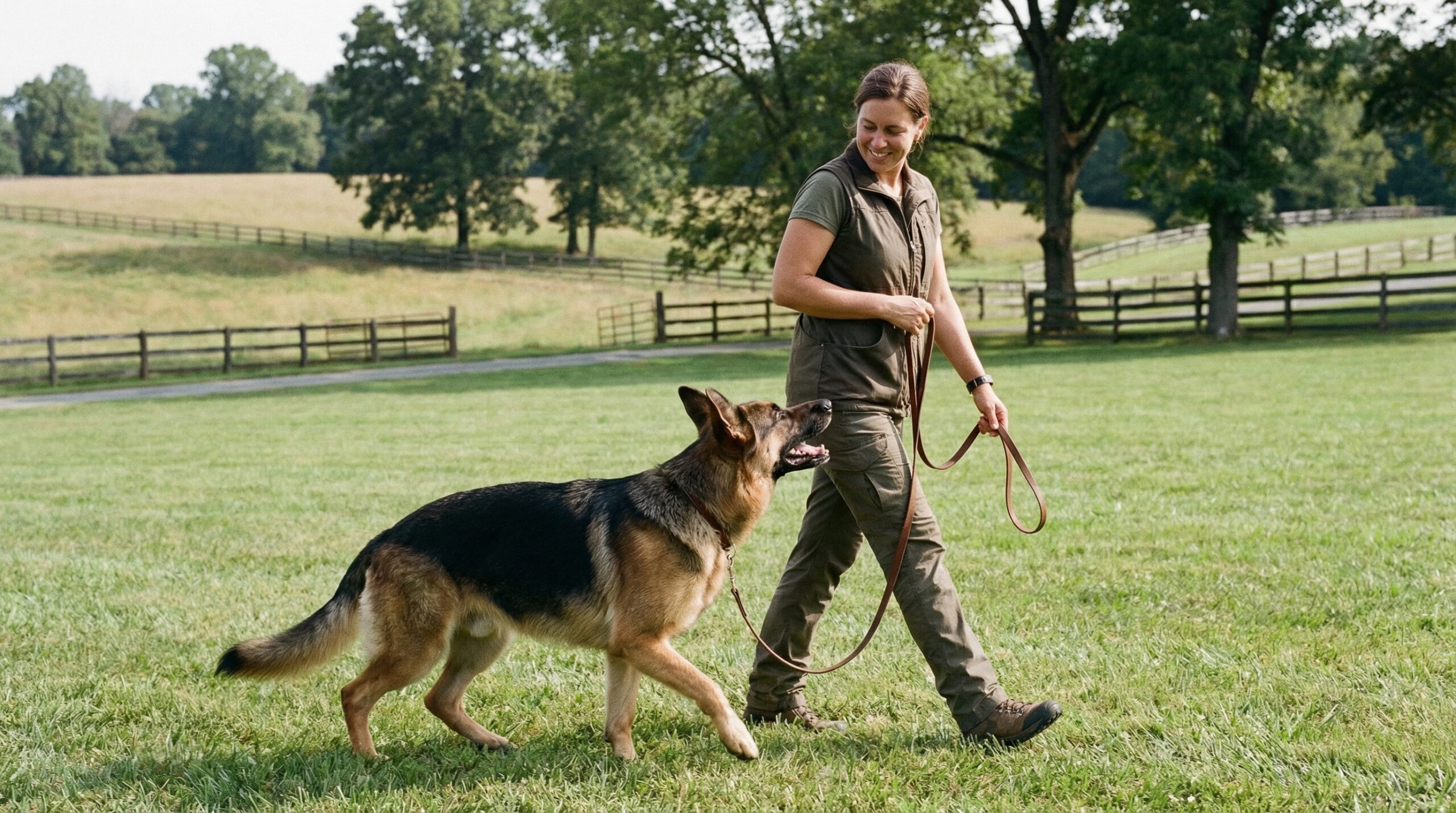 German Shepherd walking on loose leash during boot camp training at Dan Gentile Dog Training Center