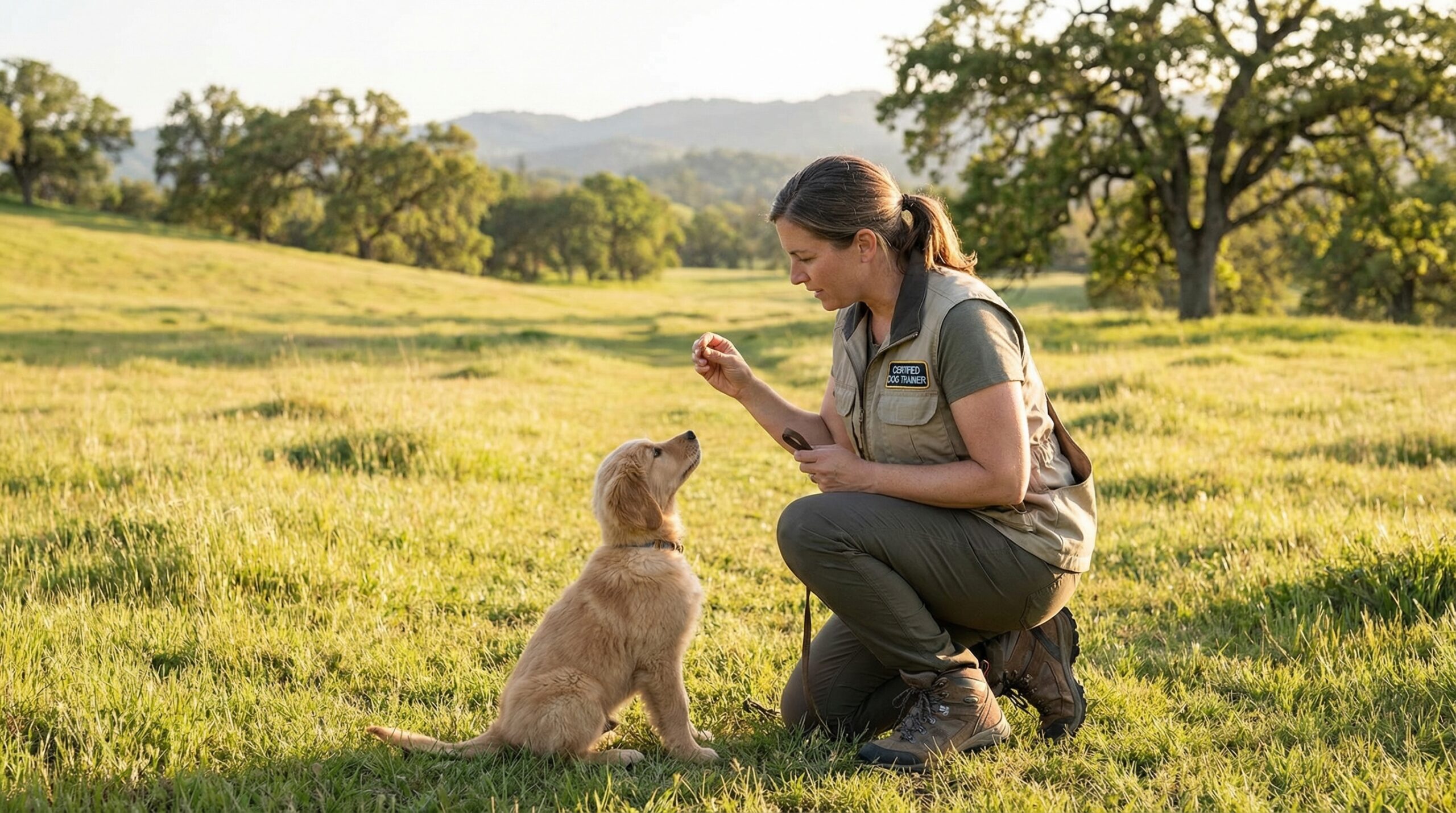Professional dog trainer working with puppy during one-on-one training session in Monmouth County