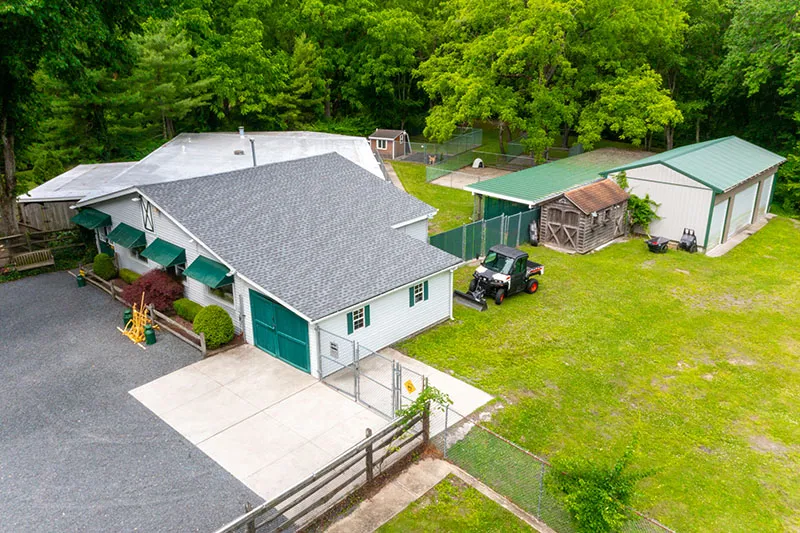 Aerial view of Dan Gentile Dog Training Center campus in Howell, NJ -- 12-acre property with training buildings