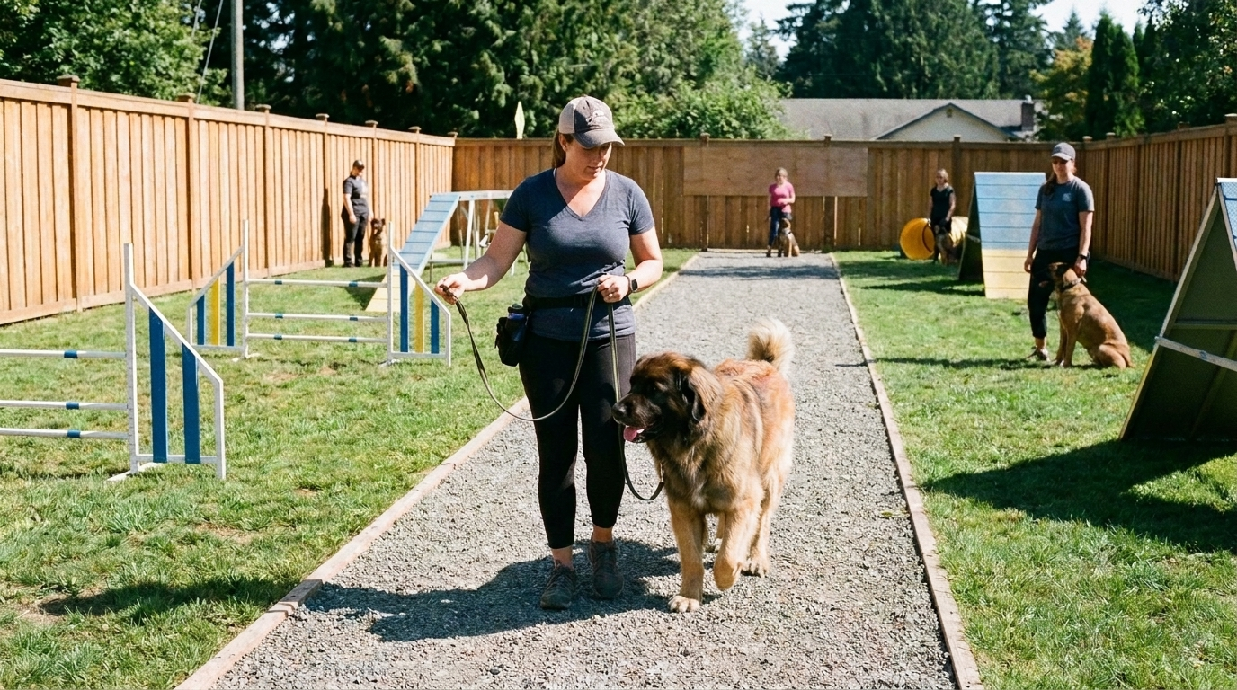 professional dog trainer working with strong-willed dog on obedience