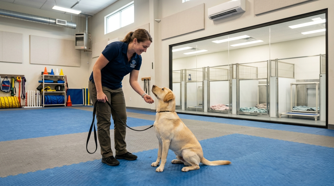 Dog boarding training facility with spacious outdoor area for canine training in New Jersey