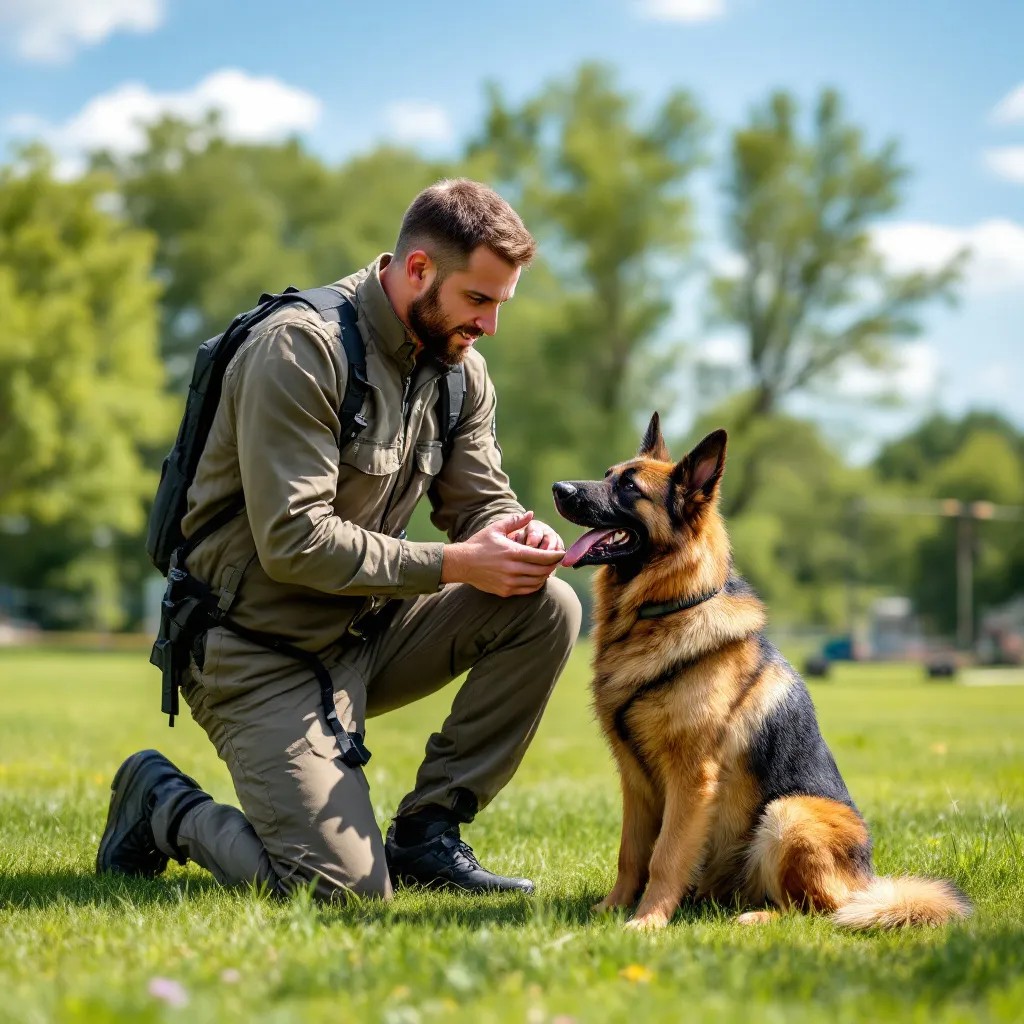 Professional dog trainer working with a German Shepherd during a stay away camp training session in Monmouth County NJ